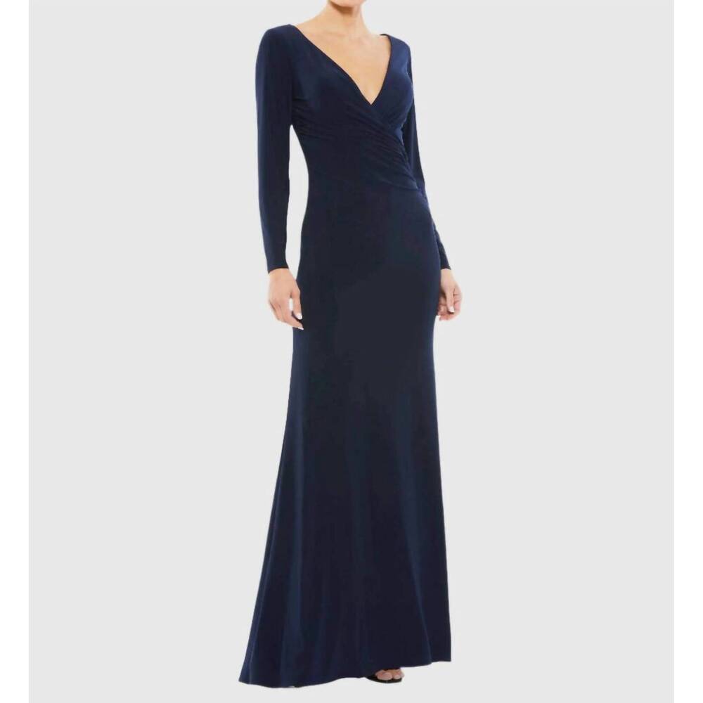 NEW MAC DUGGAL ieena long sleeve ruched v-neck dress in midnight